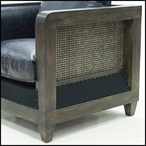 Fauteuil avec structure en bois patiné cannage vintage naturel et cuir vintage noir 176-Black Cannage