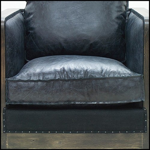 Fauteuil avec structure en bois patiné cannage vintage naturel et cuir vintage noir 176-Black Cannage