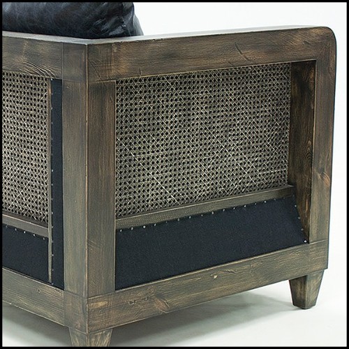 Fauteuil avec structure en bois patiné cannage vintage naturel et cuir vintage noir 176-Black Cannage