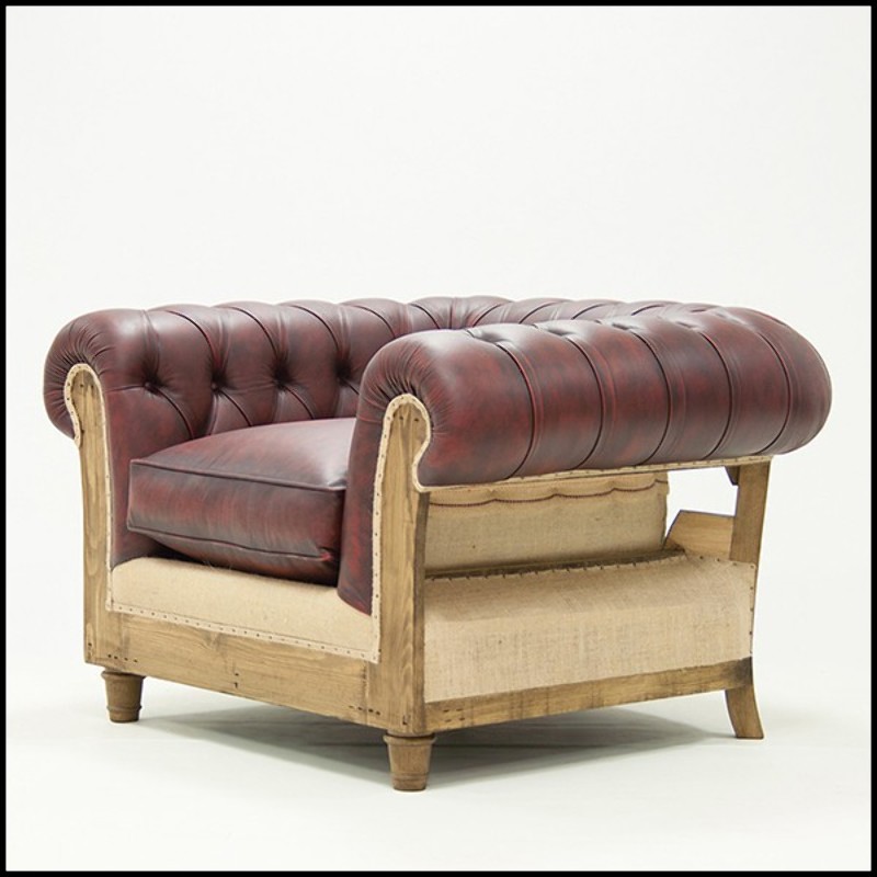 Armchair with structure in solid vintage finish wood covered with natural red vintage leather 176-Chesterfield Raw