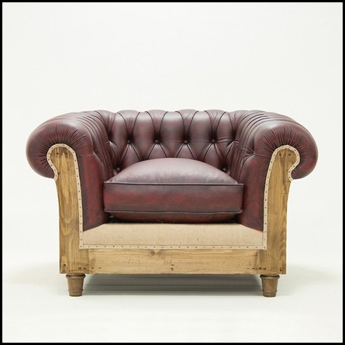 Fauteuil avec structure en bois massif finition vintage recouvert de cuir vintage rouge naturel 176-Chesterfield Raw