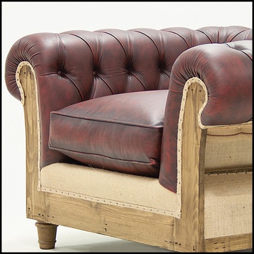 Armchair with structure in solid vintage finish wood covered with natural red vintage leather 176-Chesterfield Raw
