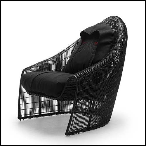 Armchair in hand-braided nylon and polyethylene in black finish with black cushion seats 178-Palpatine