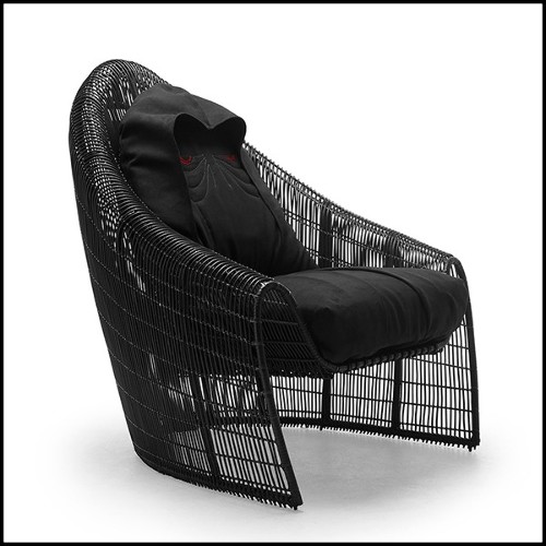 Armchair in hand-braided nylon and polyethylene in black finish with black cushion seats 178-Palpatine