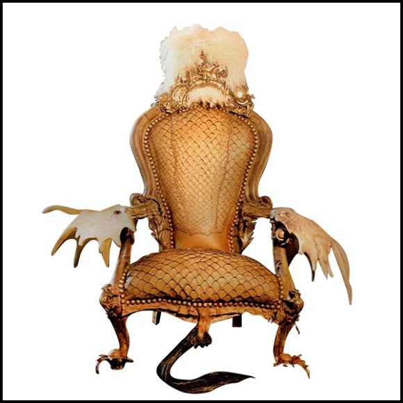 Armchair covered with piraruku skin and with reindeer antlers and girafle tail PC-Piraruku