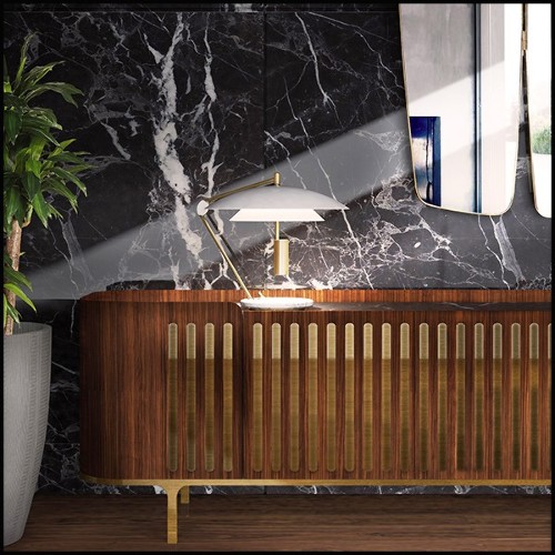 Sideboard in solid walnut wood in polished brass finish with white marble top 157-Radial