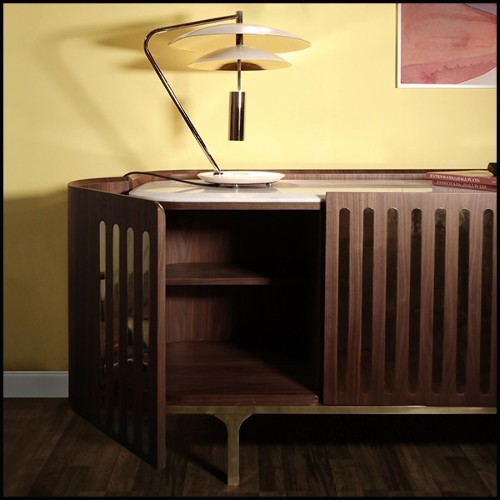 Sideboard in solid walnut wood in polished brass finish with white marble top 157-Radial