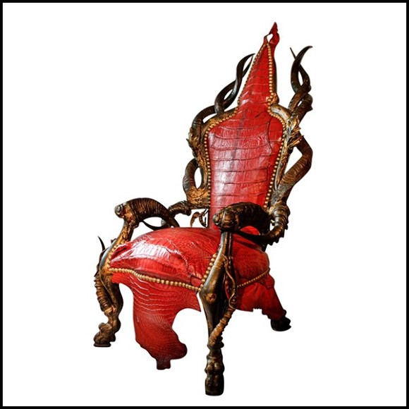 Fauteuil avec peau de crocodile teintée rouge et véritables cornes de Koudou et bronze massif PC-Red Crocodile