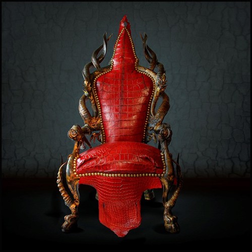 Armchair with crocodile skin red tinted with kudu horns and bronze finish PC-Red Crocodile