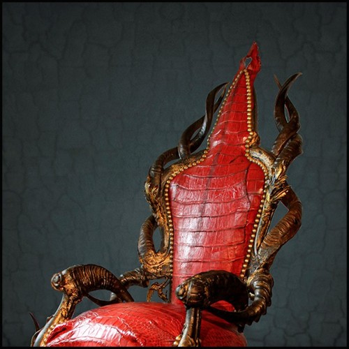 Fauteuil avec peau de crocodile teintée rouge et véritables cornes de Koudou et bronze massif PC-Red Crocodile