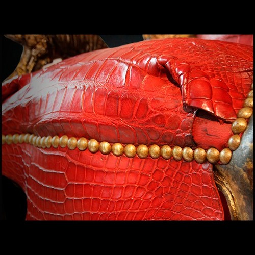 Armchair with crocodile skin red tinted with kudu horns and bronze finish PC-Red Crocodile