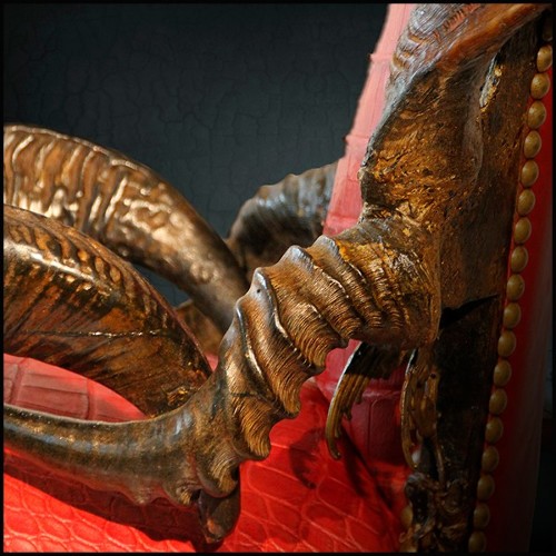 Fauteuil avec peau de crocodile teintée rouge et véritables cornes de Koudou et bronze massif PC-Red Crocodile