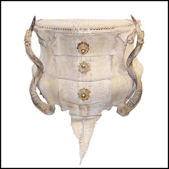 Commode en Croco finition blanc, cornes de Kudu, 3 tiroirs avec peau d'agneau de Mongolie 120- White Croco