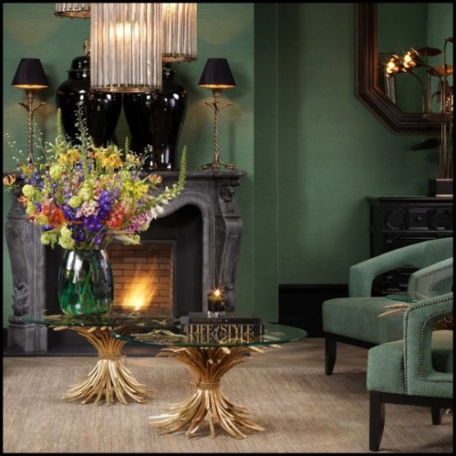 Table basse finition antique Gold avec plateau en verre clair biseauté 24-Epis