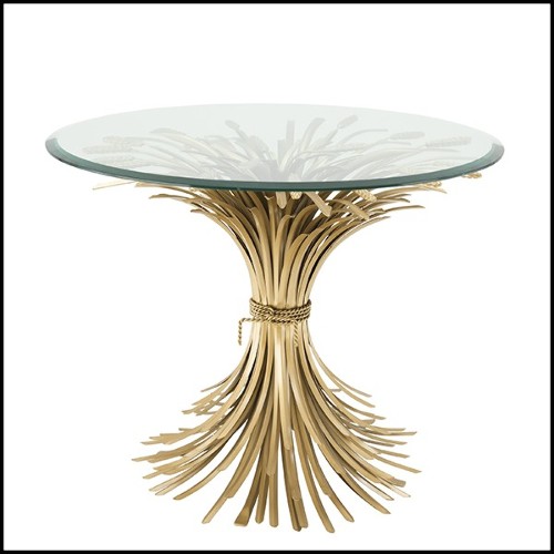 Table d'appoint finition Gold antique avec plateau en verre clair biseauté 24-Bonheur 90cm