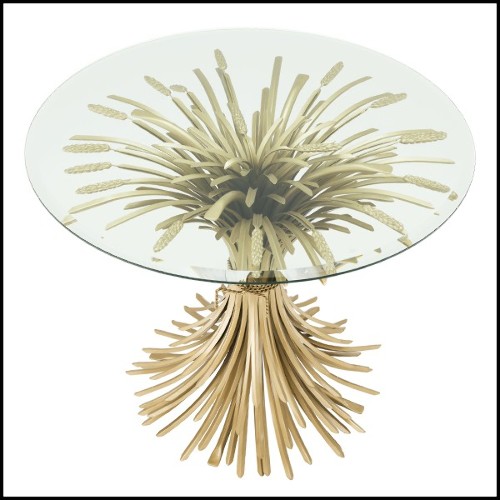 Table d'appoint finition Gold antique avec plateau en verre clair biseauté 24-Bonheur 90cm