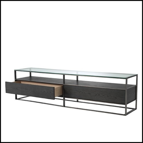TV Cabinet in stainless steel and oak in mocha finish with top in glass 24-Wagner
