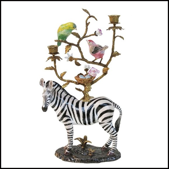 Sculpture Candleholder in white porcelain with brass details 162-Zebra