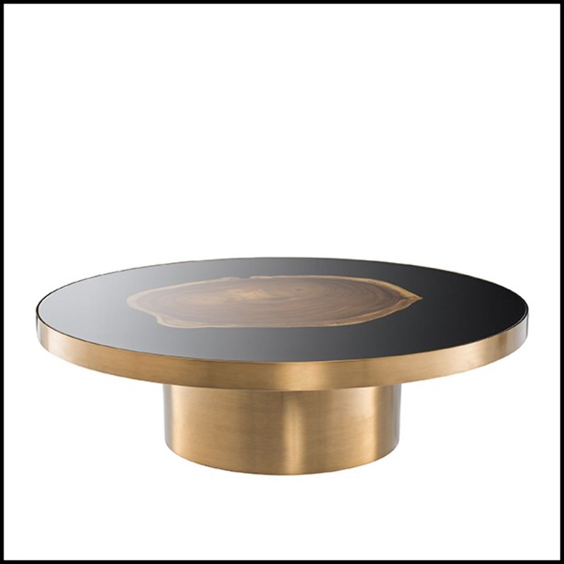 Coffee Table in brass with top in Suar wooden inlay 24-Concord