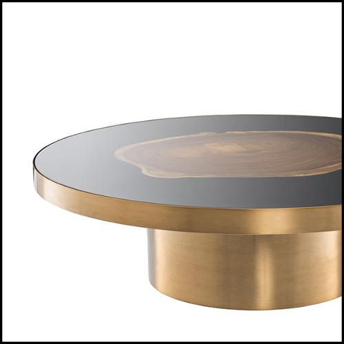 Coffee Table in brass with top in Suar wooden inlay 24-Concord