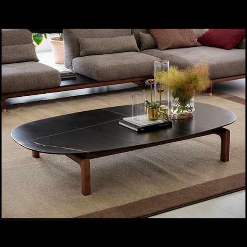 Coffee Table with black marble and with base in solid walnut wood 163-Dark Night