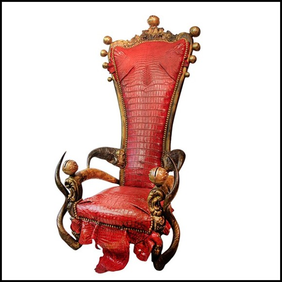 Throne with structure in solid beech wood and red tinted alligator skin PC-King Red Croco