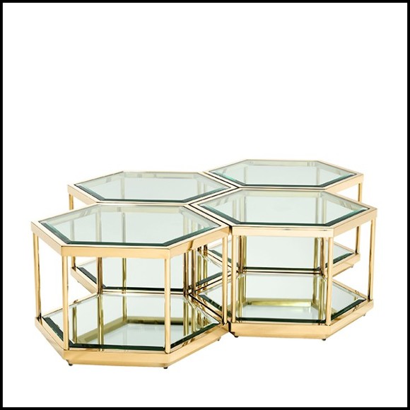 Table basse en acier inoxydable finition gold avec verre clair et verre miroir 24-Sax Set of 4