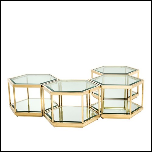 Coffee Table in stainless steel in gold finish with clear glass and mirror glass 24-Sax Set of 4