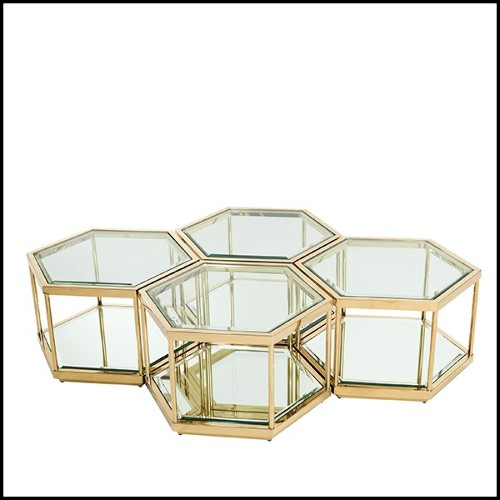 Coffee Table in stainless steel in gold finish with clear glass and mirror glass 24-Sax Set of 4