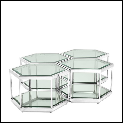 Table basse en acier inoxydable poli avec verre clair et verre miroir 24-Sax Nickel Set of 4
