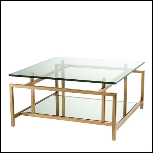 Table basse en acier inoxydable finition laiton brossé avec verre clair et verre miroir 24-Superia Brass