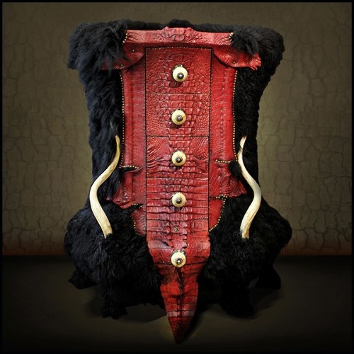 Commode en hêtre massif avec véritable peau de crocodile teintée rouge PC-Red Croco