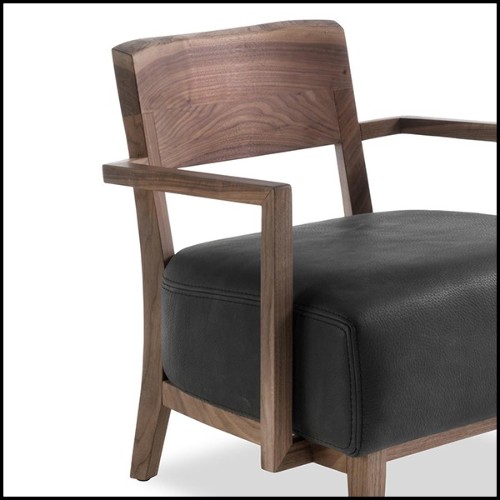 Armchair in solid walnut wood and leather in black finish 154-Gemini