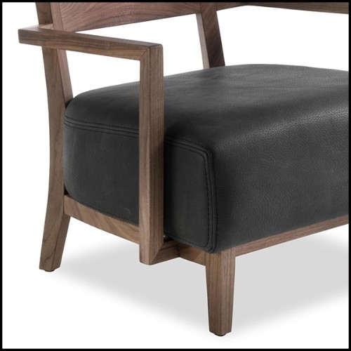 Armchair in solid walnut wood and leather in black finish 154-Gemini