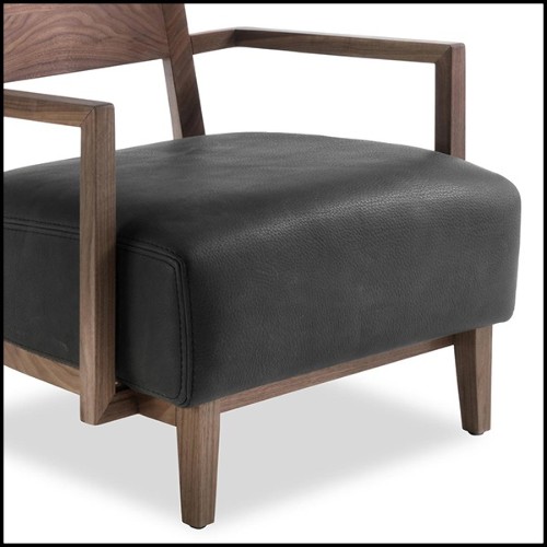 Armchair in solid walnut wood and leather in black finish 154-Gemini