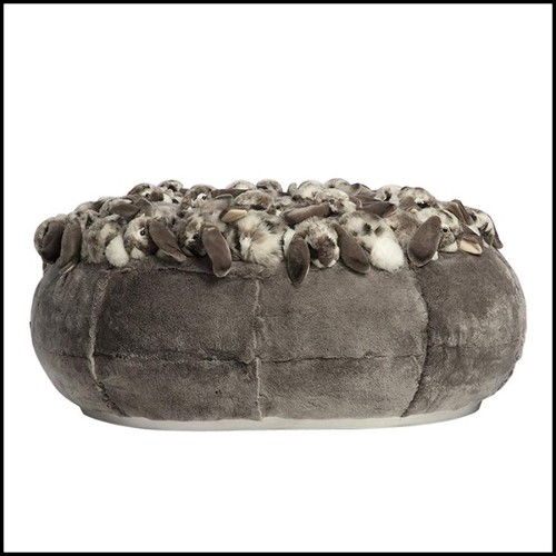 Pouf upholstered and covered with grey rabbit plushes PC-Grey Rabbit