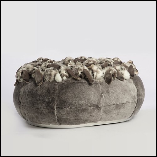 Pouf upholstered and covered with grey rabbit plushes PC-Grey Rabbit