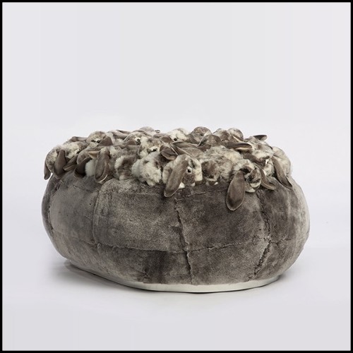 Pouf upholstered and covered with grey rabbit plushes PC-Grey Rabbit