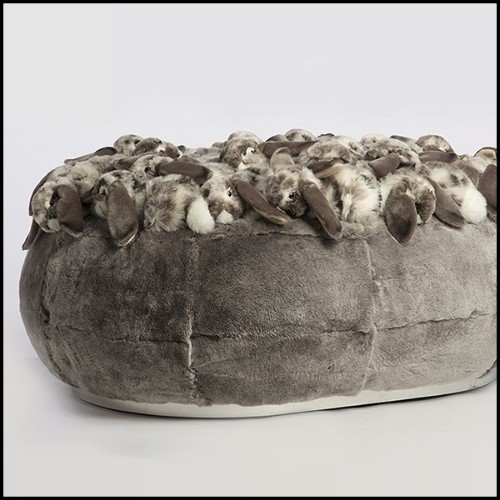 Pouf rembourré et couvert avec des peluches de lapins gris PC-Grey Rabbit