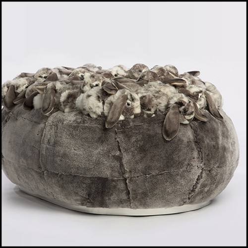 Pouf upholstered and covered with grey rabbit plushes PC-Grey Rabbit