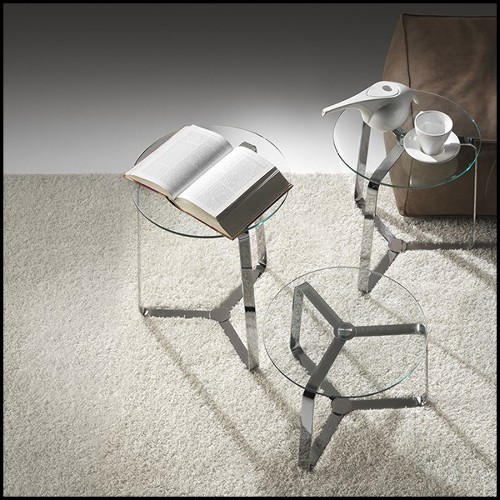 Table d'appoint en acier poli finition chrome et plateau en verre 183-Triple Feet