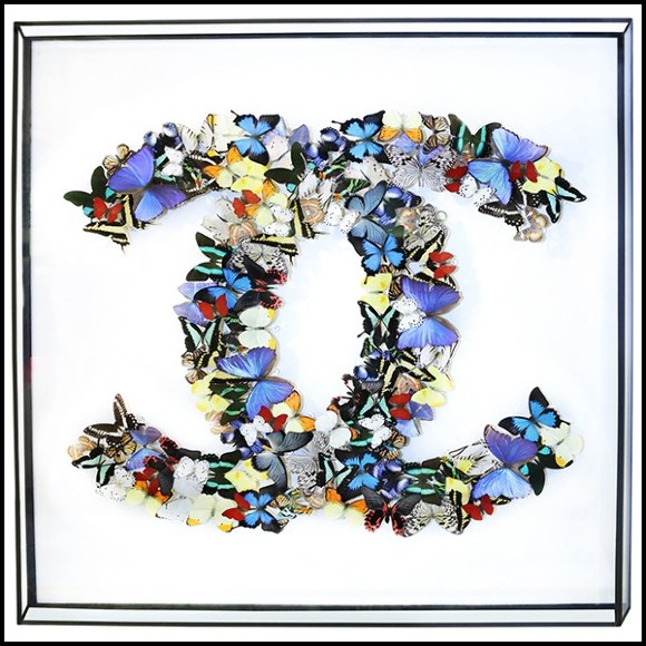 Décoration murale sur cadre en verre avec de véritable papillons multicolores PC-Double Chanel Butterflies