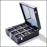 Boîte avec revêtement en cuir de vachette noir et détails en laiton nickelé poli 186-Luxury Nine Watch Black or Cognac