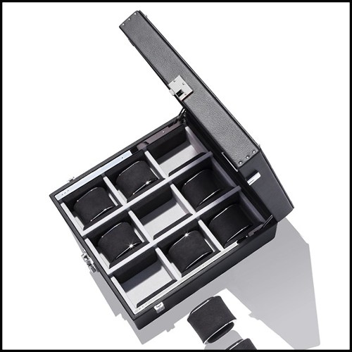 Box with black cowhide leather sheathing and details in polished nickel-plated brass 186-Luxury Nine Watch Black or Cognac