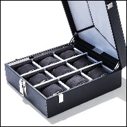Boîte avec revêtement en cuir de vachette noir et détails en laiton nickelé poli 186-Luxury Nine Watch Black or Cognac
