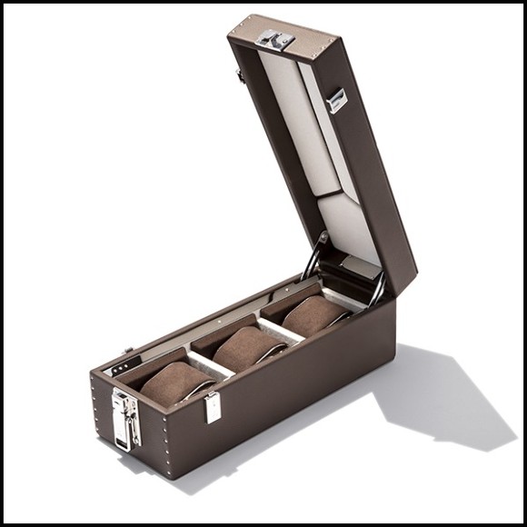 Box with brown cowhide leather and in polished nickel-plated brass 186-Luxury Triple Watch Brown or Blue or Redwine