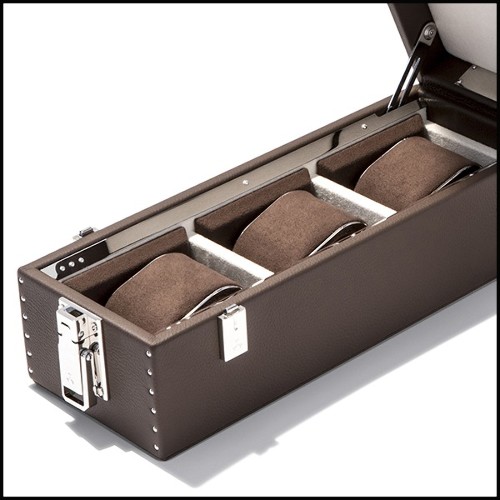 Box with brown cowhide leather and in polished nickel-plated brass 186-Luxury Triple Watch Brown or Blue or Redwine