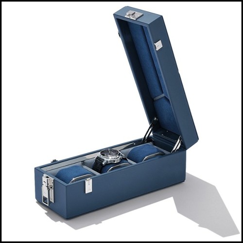 Box with brown cowhide leather and in polished nickel-plated brass 186-Luxury Triple Watch Brown or Blue or Redwine