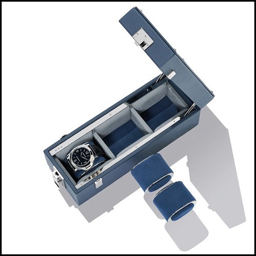Boîte en cuir marron et détails en laiton nickelé poli 186-Luxury Triple Watch Brown or Blue or Redwine