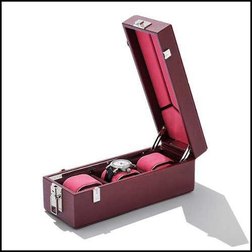 Box with brown cowhide leather and in polished nickel-plated brass 186-Luxury Triple Watch Brown or Blue or Redwine